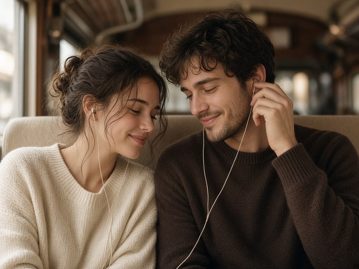 Birlikte müzik dinleyen çift